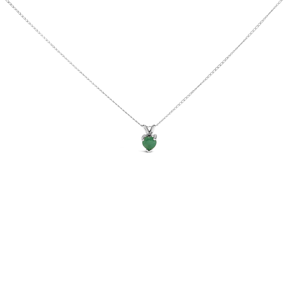 14K White Gold 5X5 MM Heart Shaped Green Emerald Solitaire Pendant Necklace